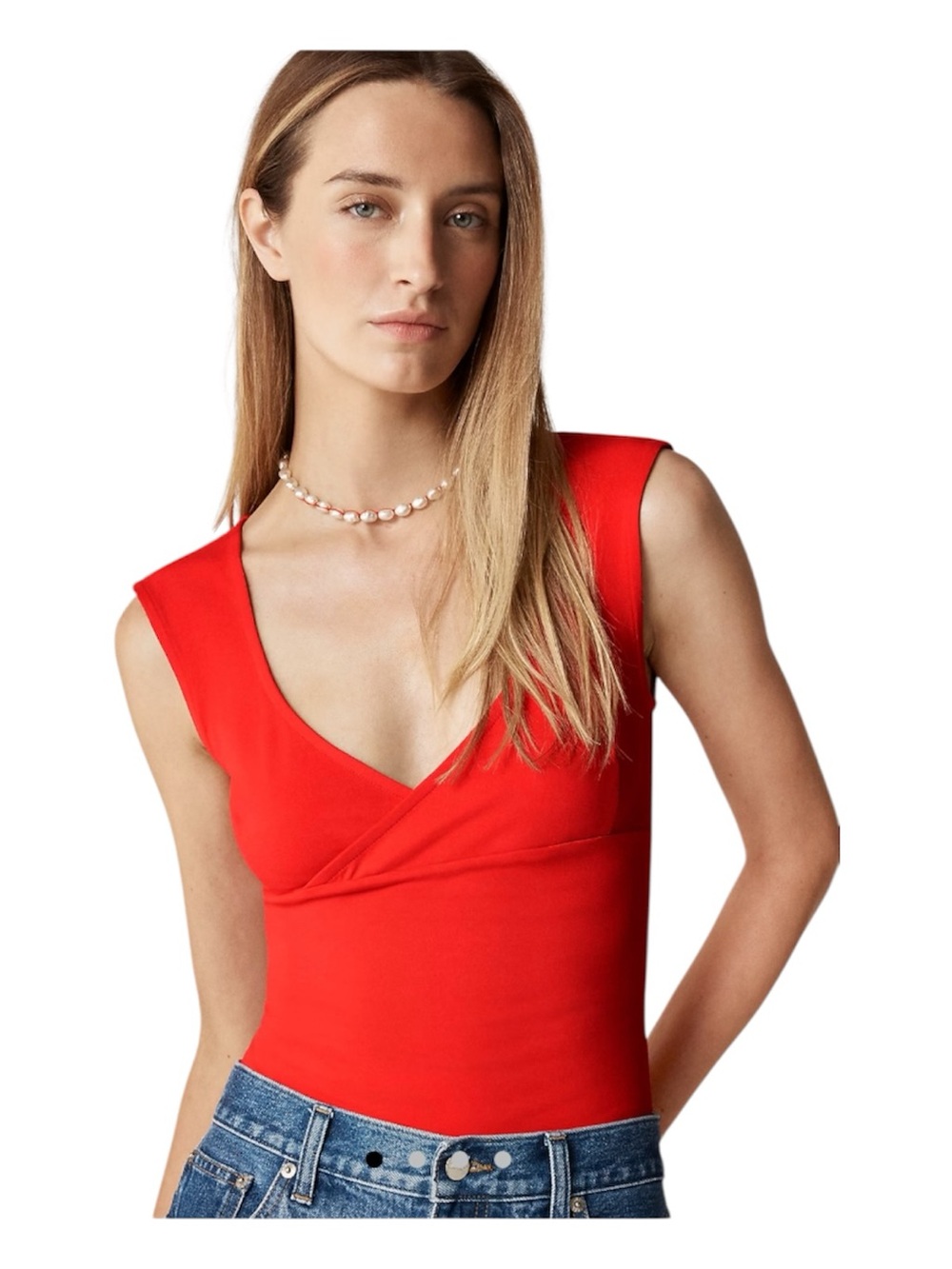 J Crew Stretch cotton Red cap-sleeve crossover Top size M